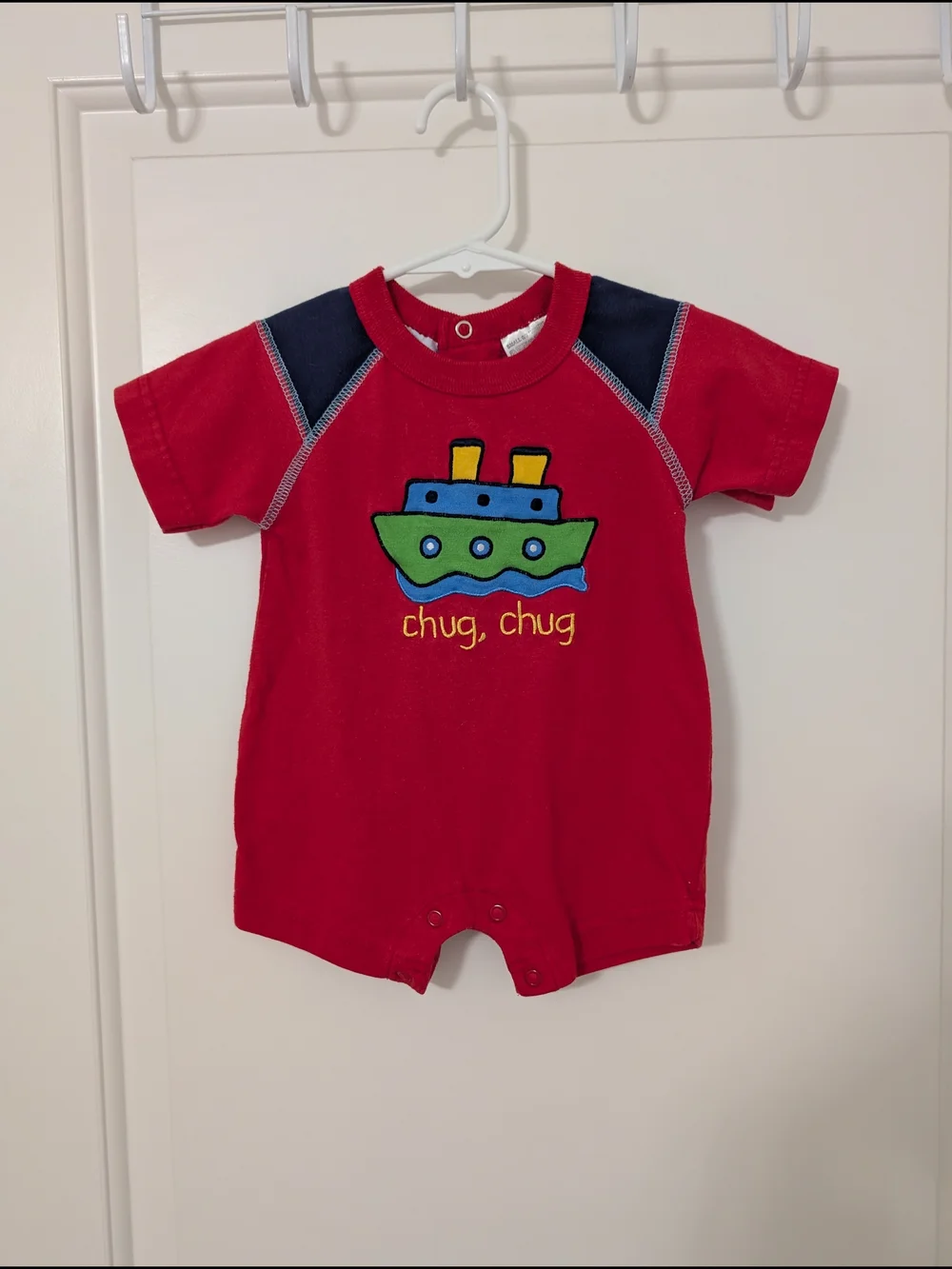 💥3/$24 Vintage Red Baby Romper with Boat Applique and Navy Accents